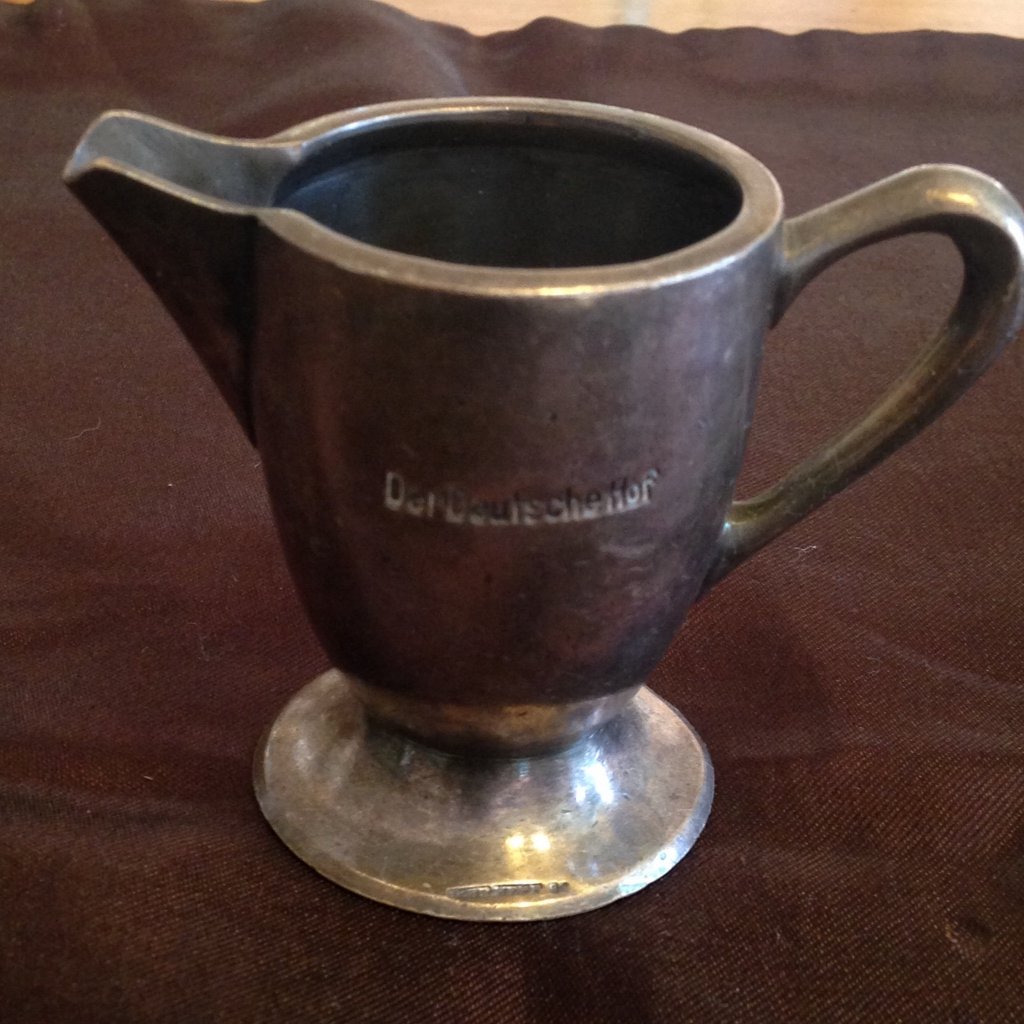 Nazi WW2 Deutches Hof Hotel Cups extremely rare: Set of 2 Creamers, Rare one of a kind pieces of Nazi WW2 History. These cups were made specifically for Hitler himself and his highest staff, made by his favorite hotel the Deutches Hof Hotel in Nurem