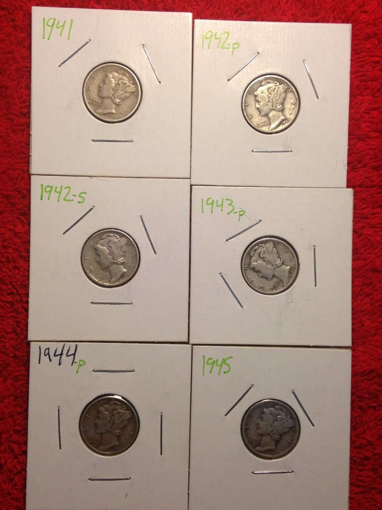 Lot of 6 Varying Mercury Dimes 90% Silver WW2 Era (1 of 8)