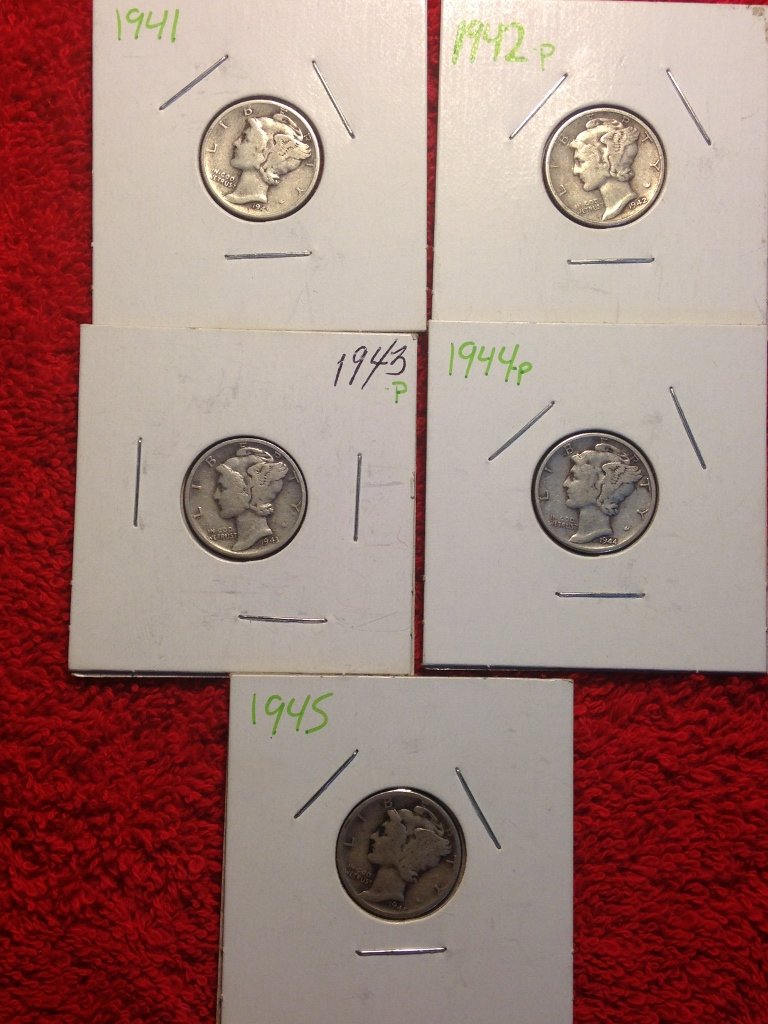 Lot of 5 Varying Mercury Dimes 90% Silver WW2 Era (1 of 5)