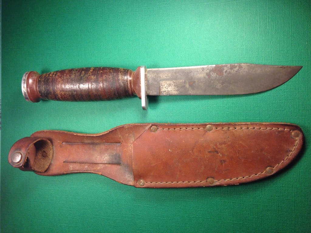 WW2 Era Light Aluminum Handle Knife: Beautiful Schrade - Walden H-15 Knife made in New York. Light but Strong WW2 Era with Aluminum Handle and Stainless Steel Blade. Sharp Edge. Leather Sheath.