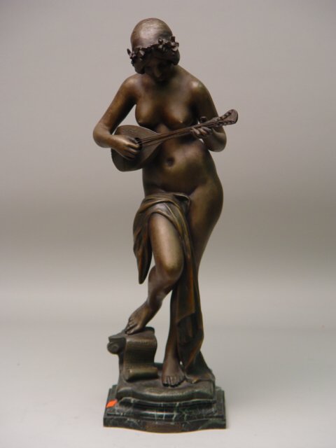 French Nude Metal Figure of a Female J. Causse: French Nude Metal Figure of a Female,cast after a model by J. Causse, depicted standing playing a lute, on a marble base. Foundry mark Fabrication Francaise, Paris, Made in France.Ht: 23"Buyer pays S/
