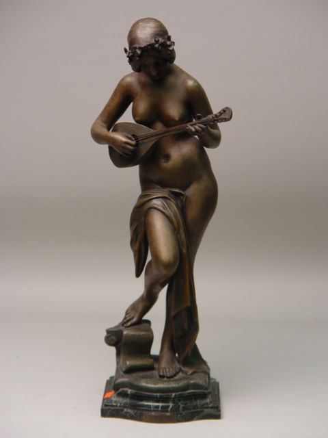 French Nude Metal Figure of a Female J. Causse: French Nude Metal Figure of a Female,cast after a model by J. Causse, depicted standing playing a lute, on a marble base. Foundry mark Fabrication Francaise, Paris, Made in France.Ht: 23"Buyer pays S/