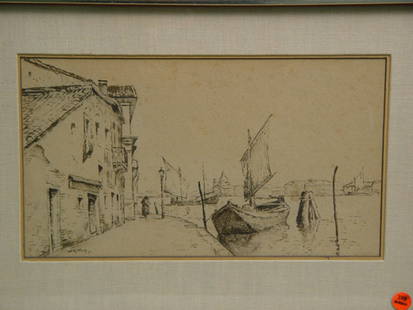 Willem Alexander Knip: Willem Alexander Knip(Dutch 1883-1967)Village on Canal,ink on paper, signed lower left, matted and framed. Guildhall Galleries, Chicago label verso.9 x 14.5"BUYER MUST ARRANGE & PAY OWN SHIPPING. 