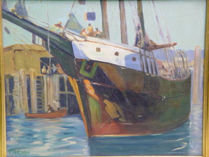 Fred Cady California Oil Painting: Fred Cady(American, 1885-1960)Old Monterey Freighter, Monterey Bay, California,oil on canvas, signed lower left, titled verso, framed.16 x 20"