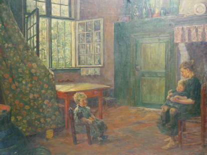 Dutch Interior Scene: Dutch Interior Scene(Early 20th Century)Oil on canvas, laid on board, signed illegibly lower right.29 3/4 x 35 3/4"