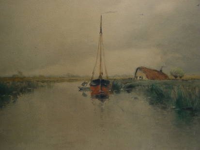 G. Thompson 19th c. Watercolor Boat: G. Thompson(Late 19th century)Boat & Cottage in Marsh Landscape,watercolor on paper laid on board,signed lower right, matted and framed.Sight: 18 5/8 x 24 5/8"