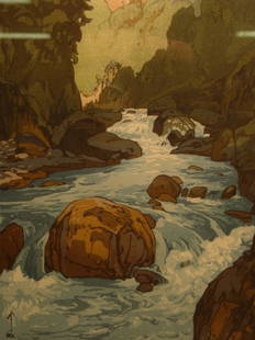 Hiroshi Yoshida Kurobe River: Hiroshi Yoshida(Japanese, 1876-1950)Kurobe Rivercolor print, from series Twelve Scenes in the Japanese Alps, signed and titled in pencil, matted and framed.14 3/4 x 9 7/8"