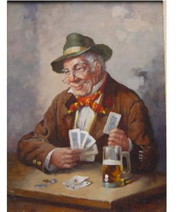 Franz Kerber Card Player Oil: Franz Kerber(German b. 1901)Card Playeroil on board, signed lower right, framed9 1/2 x 7 1/8"