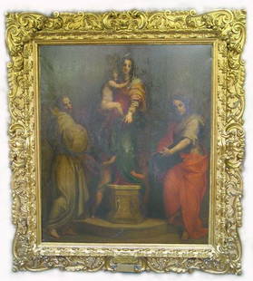 After Andrea Del Sarto oil: After Andrea Del Sarto (Ealry 20th Century) The Madonna of the Harpies, oil on canvas, framed in an ornate gilt wood frame. 73 3/4 x 71 1/2" Frame: 108 x 97"