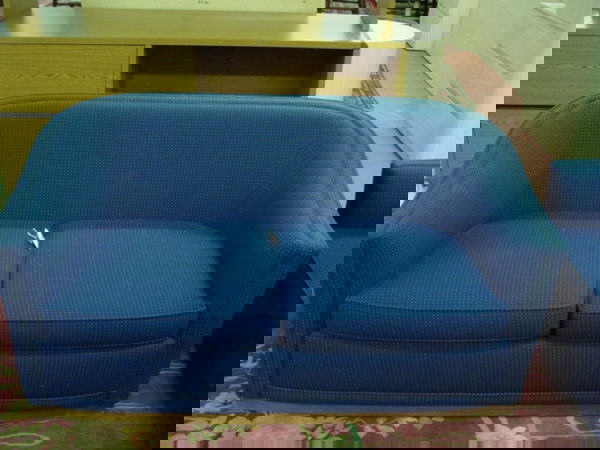 Pair Love Seats: A Pair of Love Seats,upholstered in blue fabric,Jack Cartwright identifacation tags under the cushions, (H: 28", L: 56").