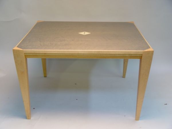 "Lee Weitzman Fishbone Dining Room Set,: "Lee Weitzman Fishbone Dining Room Set,consisting of table and eight chairs with fishbone inlay; USA, 1990's" h29 x w48.5 x d48.5"