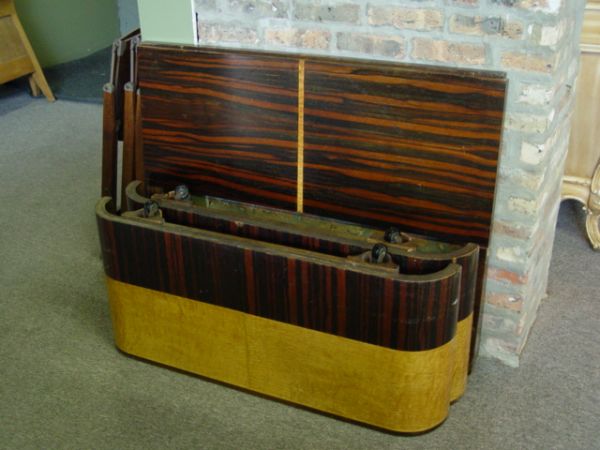 Pair of Gilbert Rohde Twin Headboards: Pair of Gilbert Rohde twin headboards burled maple and exotic wood veneer together with matching curved footboards no siderails. h33 1/2 x w41 1/4 x d1 1/4".