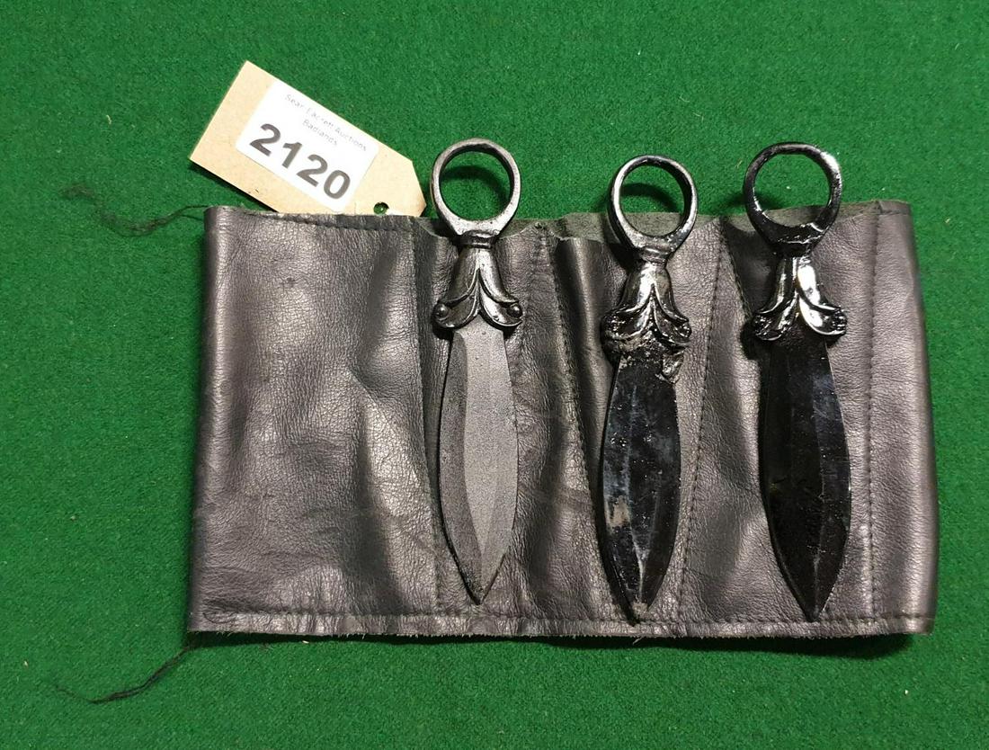 THE WIDOW IS PLAYED BY EMILY BEECHAM.THE WIDOW'S: A: THE WIDOW IS PLAYED BY EMILY BEECHAM.THE WIDOW'S: A leather leg garter Belt/Scabbard with three knives (prop). (AP63)