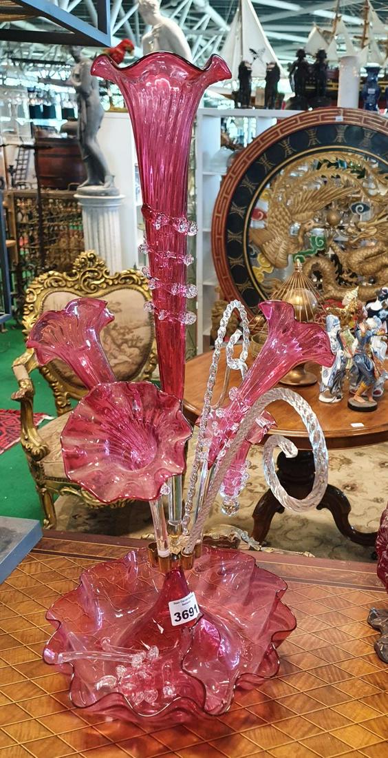 A 19th Century Cranberry Glass Epergne with faults.: A 19th Century Cranberry Glass Epergne with faults. (1) (20).