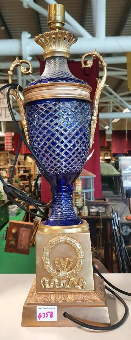 A Fabulous Ormolu and Bristol Blue Glass Table Lamp.: A Fabulous Ormolu and Bristol Blue Glass Table Lamp.( With faults). (1) (23).