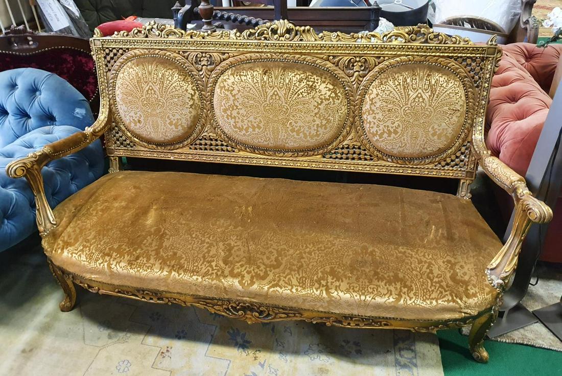 A large gilded Three Panel Couch with brown damask: A large gilded Three Panel Couch with brown damask upholstery. W170cm approx.(1)(14)
