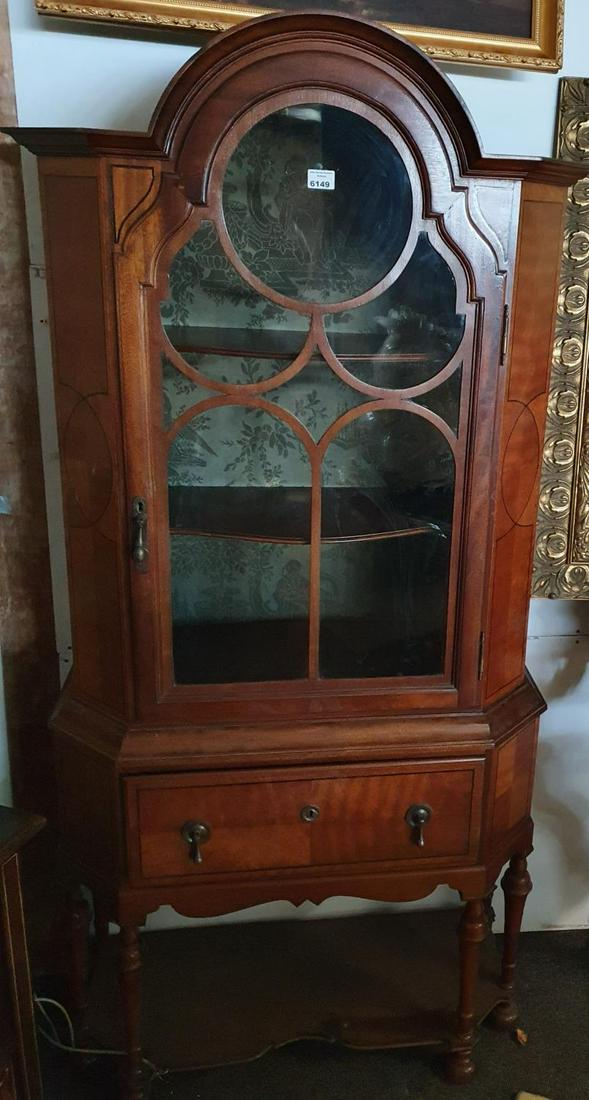 A Mahogany and Ebony Inlay Display Cabinet on stand.: A Mahogany and Ebony Inlay Display Cabinet on stand. W 167 x H 90 x D 56 cm approx. W 89 x H 190 x D 37 cm approx. (1) (19).