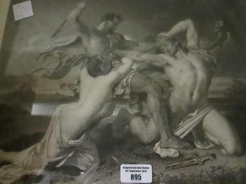 A Monochrome Engraving by George Thomas Doo (1800-1886): A Monochrome Engraving by George Thomas Doo (1800-1886) after the original by William Etty RA, 'The Combat - Mercy Interceding for the Vanquished', published 1849.