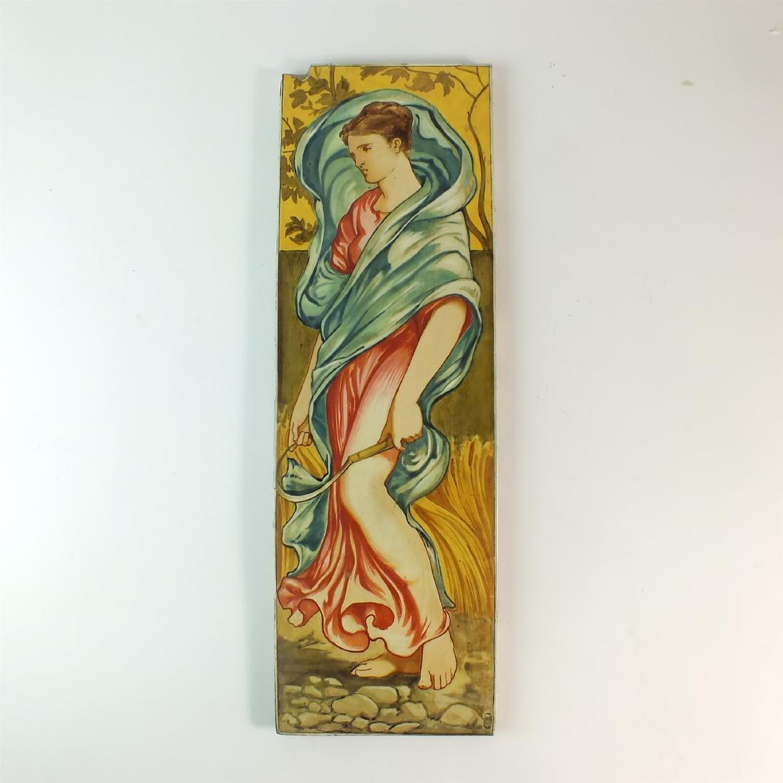 A pair of Victorian tiles: A pair of Victorian rectangular tiles attributed to Minton and Hollins, circa 1890, painted with semi-nude Classical-style figures, artist monogram 'WBBS', 46cm high (one chipped)