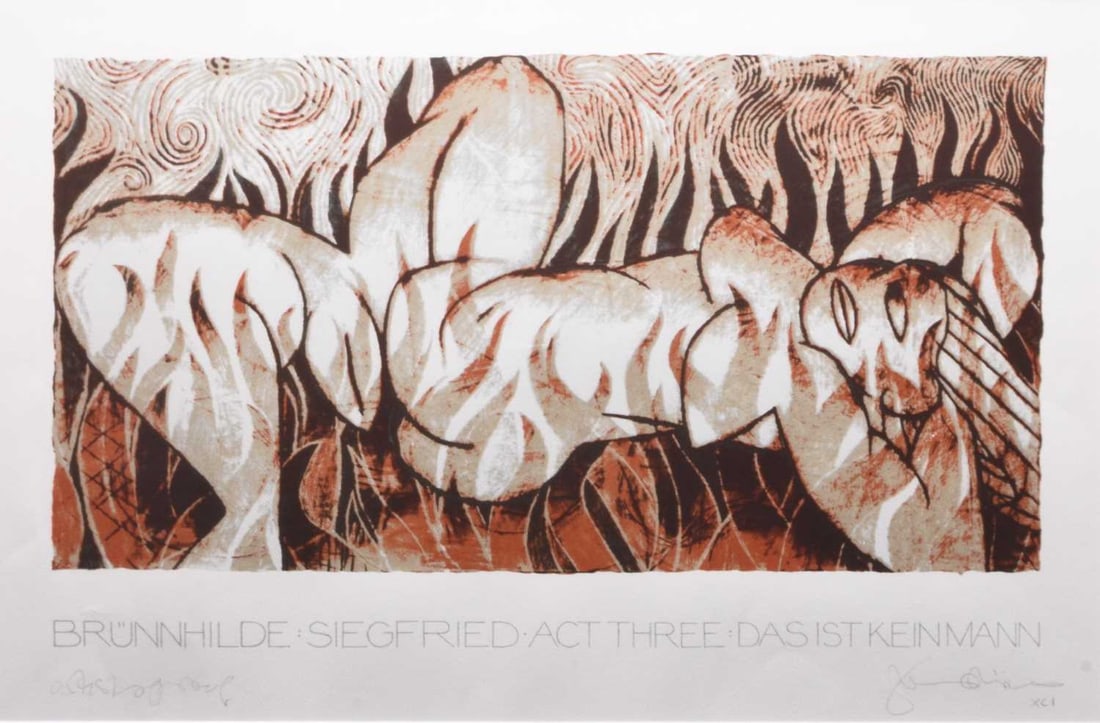 Tom Phillips CBE RA (1937-2022) Brunnhilde: ARR Tom Phillips CBE RA (1937-2022) Brunnhilde, Siegfried Act three, das ist keinmann, artist proof, signed lower right, numbered XLI, screenprint, 27 x 51.5 cm (i), frame 56.5 x 75.5 cm Provenance: C