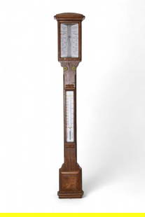 A Victorian oak stick barometer by Dolland, London: A Victorian oak stick barometerDolland, LondonWith cavetto pediment above a waisted chamfered mid section terminating in a square ogee cistern cover, set with a porcelain scale mercury thermometer, th