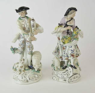A pair Continental porcelain figures of figures of shepherd and his female companion, after Bow: A pair of Continental porcelain figures of a shepherd and his companion, after an earlier Bow model, he with bagpipes tucked under his left arm (a.f), a recumbent dog and grazing sheep beside him, his