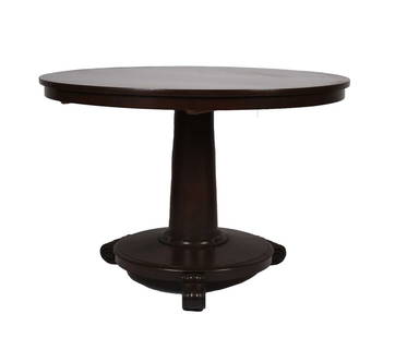A William IV mahogany centre table: A William IV mahogany centre tableThe plain circular top on a tapering stem and lotus carved circular base, raised on three scroll feet.106cm wide x 72cm high (later stained) Condition: Structurally s