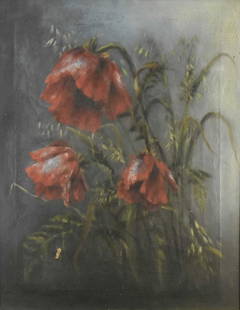 British School (19th Century) Three Still Life Paintings: British School (19th Century) Still Life study of Giant Poppies, oil on canvas, 54 x 43 cm, frame 67 x 55 cm, together with further paintings of Chrysanthemums and Hollyhocks, by the same hand (3)