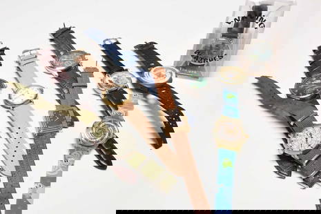 Swatch and others: A collection of fashion watches: A Swatch automatic 'Zodiac' wristwatch, circa 1993, with clear resin case, skeleton dial and printed resin strap, 34mm, together with a collection of eight various fashion and novelty watches. (9)
