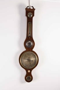 A George III mahogany banjo barometer: A George III mahogany wheel barometerG.B.Giobbio, TrowbridgeThe swan neck pediment with vase finial above an 8 inch engraved silvered dial below a silvered hygrometer, mercury thermometer and convex m