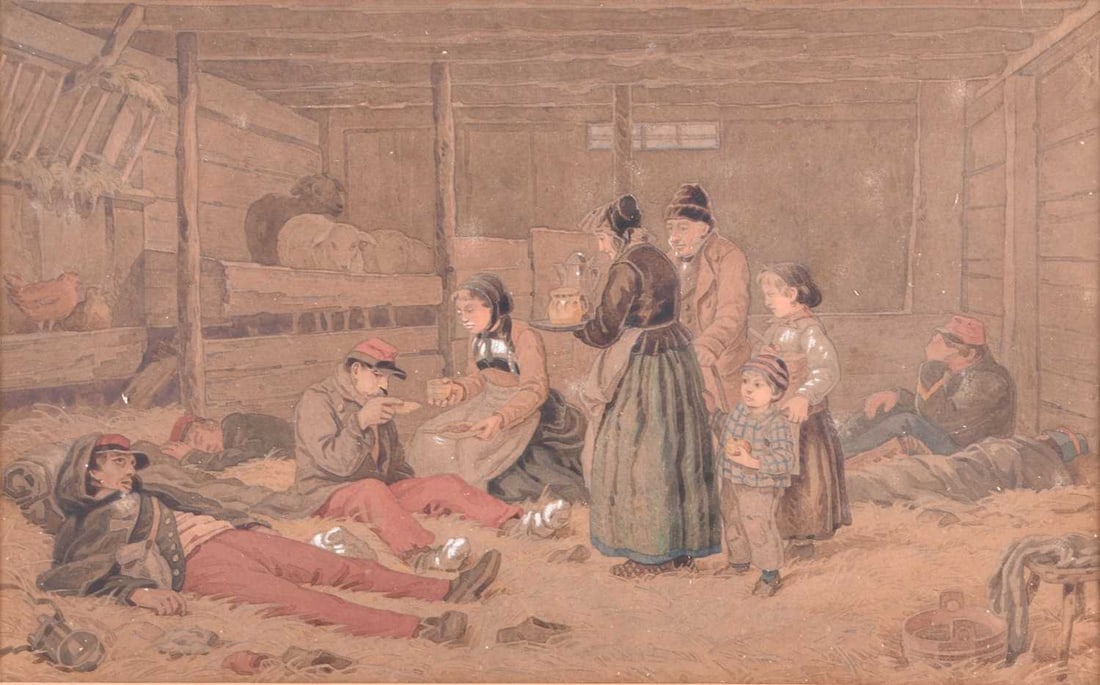 Attributed to Albert Anker (Swiss 1831-1910) Hospitality: Attributed to Albert Anker (Swiss 1831-1910) Hospitality, possibly a preparatory study for the artist's known oil painting 'Hospitality' which was painted in 1871, watercolour heightened with white, 1