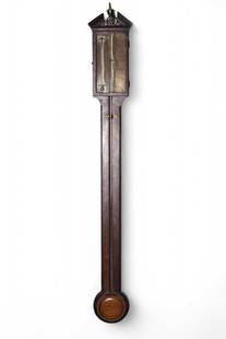 A George III mahogany stick barometer: A George III mahogany stick barometerThe indices signed Francis Donegan, Stafford.The broken pediment top with vase finial over a long trunk with visible mercury tube, terminating in a flat fronted ch