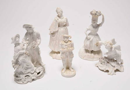 Six assorted biscuit figures, 19th century: A group of biscuit figures including Minton and Derby, 19th century, including a woman with a garland of flowers, another with a basket of fruit and a probably Continental group of two courting lovers