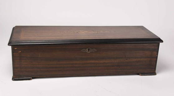 A Swiss inlaid rosewood music box by Mojon Manger & Co.: A Swiss inlaid rosewood music box by Mojon Manger &amp; Co.The hinged top rosewood veneered and inlaid with musical trophies, the cabinet parcel ebonised and figured in simulated rosewood, the movemen