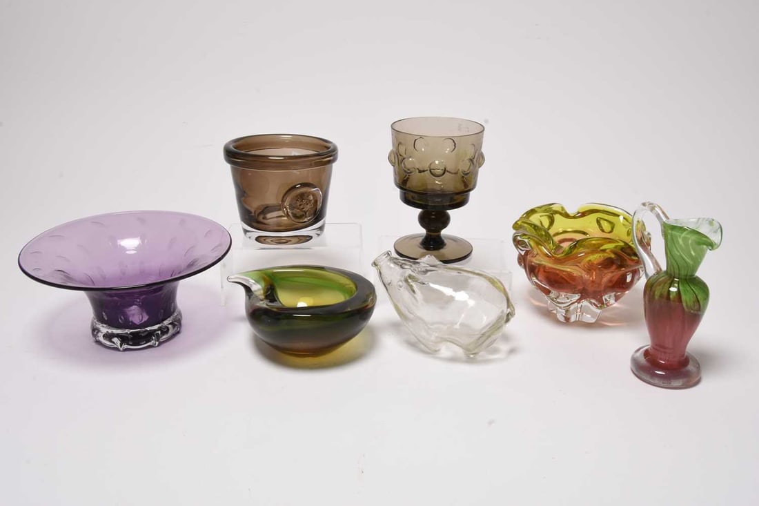 Glassware including Dartington, Boda, Waterford and Holmegaard: A collection of assorted glass, to include a Czech Josef Chribska green and orange bowl, 25cm wide overall; a brown smokey glass pedestal vase, 15cm high; a Murano 'teardrop' bowl, green, amber and cl