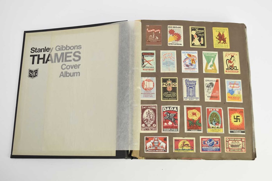 An album of matchbox labels and book match covers from various countries.: An album of matchbox labels and book match covers from various countries.