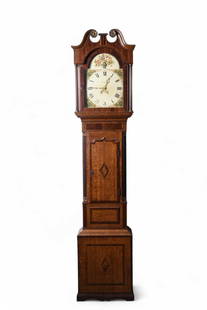A George III inlaid oak painted dial 30-hour longcase clock: A George III inlaid oak painted dial 30-hour longcase clockThe dial signed Deacon, BartonThe hood with swan-neck pediment and full fluted columns flanking the arched door, the trunk with mahogany and