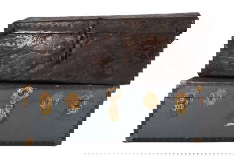 An 18th century leather clad chest and a later steamer trunk (2): An 18th century embossed leather clad chest and a later Overpond steamer trunk The first one with embossed floral/leaf pattern, approx. 104cm wide x 56cm deep x 41cm high The second blue green clad, w