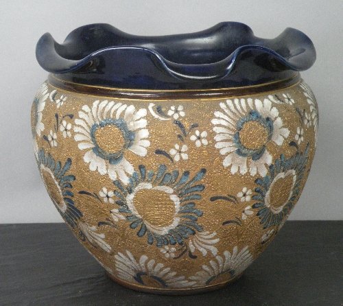 Halls Summer Collective Auction 21st August: A Doulton Lambeth stoneware jardiniere, initialled D.B for Ethel Beard, with painted and relief decoration of flowers, highlighted with gilt, impressed marks, 22cm diameter