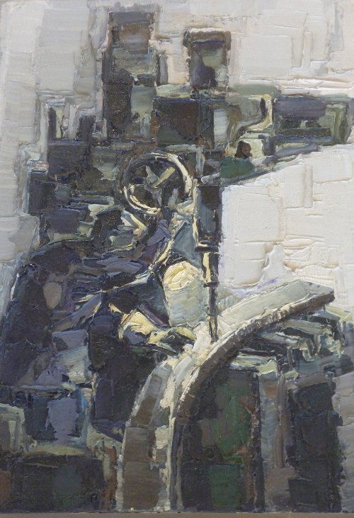 Halls Summer Collective Auction 21st August: David Smith (b.1920) 'Driller' oil on board 86cm x 58.5cm The work is sold together with the original exhibition catalogue entitled 'London Artists', held at Shrewsbury School June 1969. The original