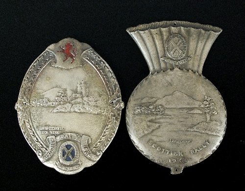 A white metal Royal Scottish Automobile club 1933 Rally: A white metal Royal Scottish Automobile club 1933 Rally thistle shaped medallion, awarded to 'Miss D.C.N. Champney', together with a white metal Royal Scottish Automobile club 1934 Rally medal, 70mm x