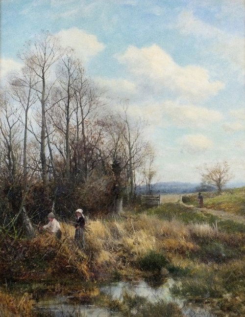 David Bates (1840-1921) 'Figures Gathering Wood in an: David Bates (1840-1921) 'Figures Gathering Wood in an Autumn Landscape', signed and dated '1884, oil on canvas, 46 x 36cm
