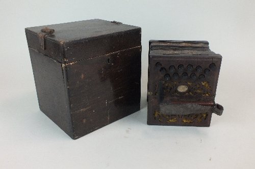 A 19th century Henry Harley Anglo-German rosewood: A 19th century Henry Harley Anglo-German rosewood concertina, with 12 keys and patterned leather bellows in original stained pine case, 16.5cm long (2)