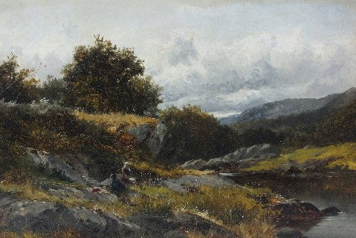 David Bates (1840-1921) 'River Landscape with a Boy: David Bates (1840-1921) 'River Landscape with a Boy Beside Rocks', signed and dated 1876, oil on canvas, 30.5cm x 46cm