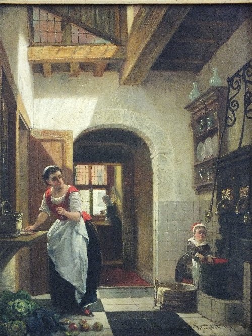 Continental School (19th century) 'A Kitchen Interior: Continental School (19th century) 'A Kitchen Interior with a Mother and Child' indistinctly signed, oil on panel, 26.5cm x 21.5cm