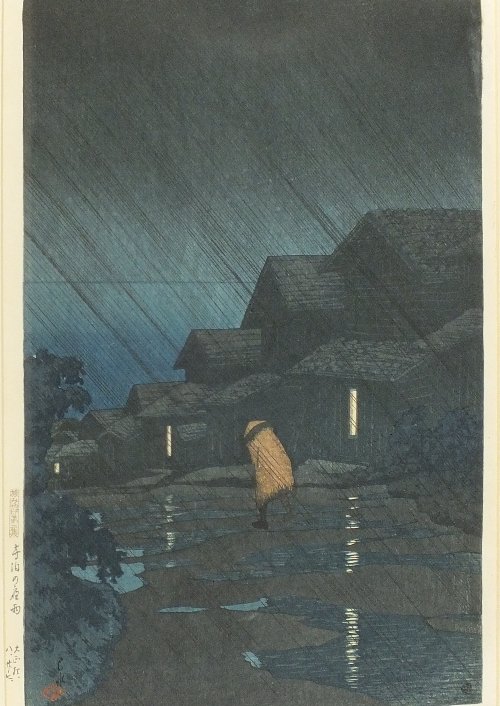 Kawase Hasui (1883-1957) 'Night Rain at Teradomari',: Kawase Hasui (1883-1957) 'Night Rain at Teradomari', from the Souvenirs of Travel 2nd Series c.1921, signed Hasui and sealed Kawase, woodblock print, ink and colour on paper, oban tate-e 36.3cm x 24.3
