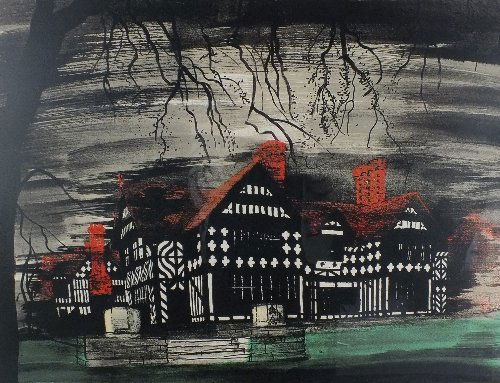 After John Piper CH (1903-1992) 'Tudor Manor House: After John Piper CH (1903-1992) 'Tudor Manor House under a Night Sky', bearing a studio stamped signature, Coloured Print, 57.5cm x 74.5cm May be subject to artist resale rights.