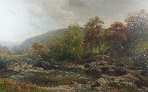 David Bates (1840-1921) 'A River Landscape with: David Bates (1840-1921) 'A River Landscape with Figures Gathering Wood', Signed and dated 1878, oil on canvas, 81cm x 127.5cm