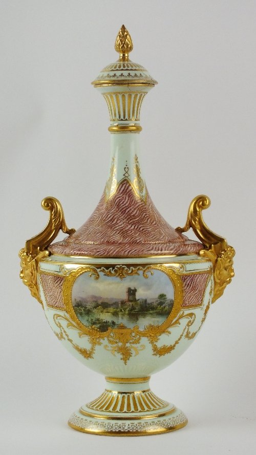 Fine Furniture, Euopean Ceramics & Works of Art: An unusual Coalport landscape vase and cover, circa 1900, decorated against the feathered red lustre and cream ground hand painted with an untitled ruin scene to one side, unsigned, and with a small f