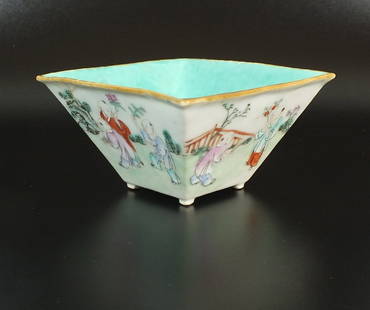 A Chinese famille rose four sided tapering bowl, Qing: A Chinese famille rose four sided tapering bowl, Qing Dynasty, 19th century, the exterior decorated with figures at leisure in a garden setting, the interior all over European Green glazed, with gilt